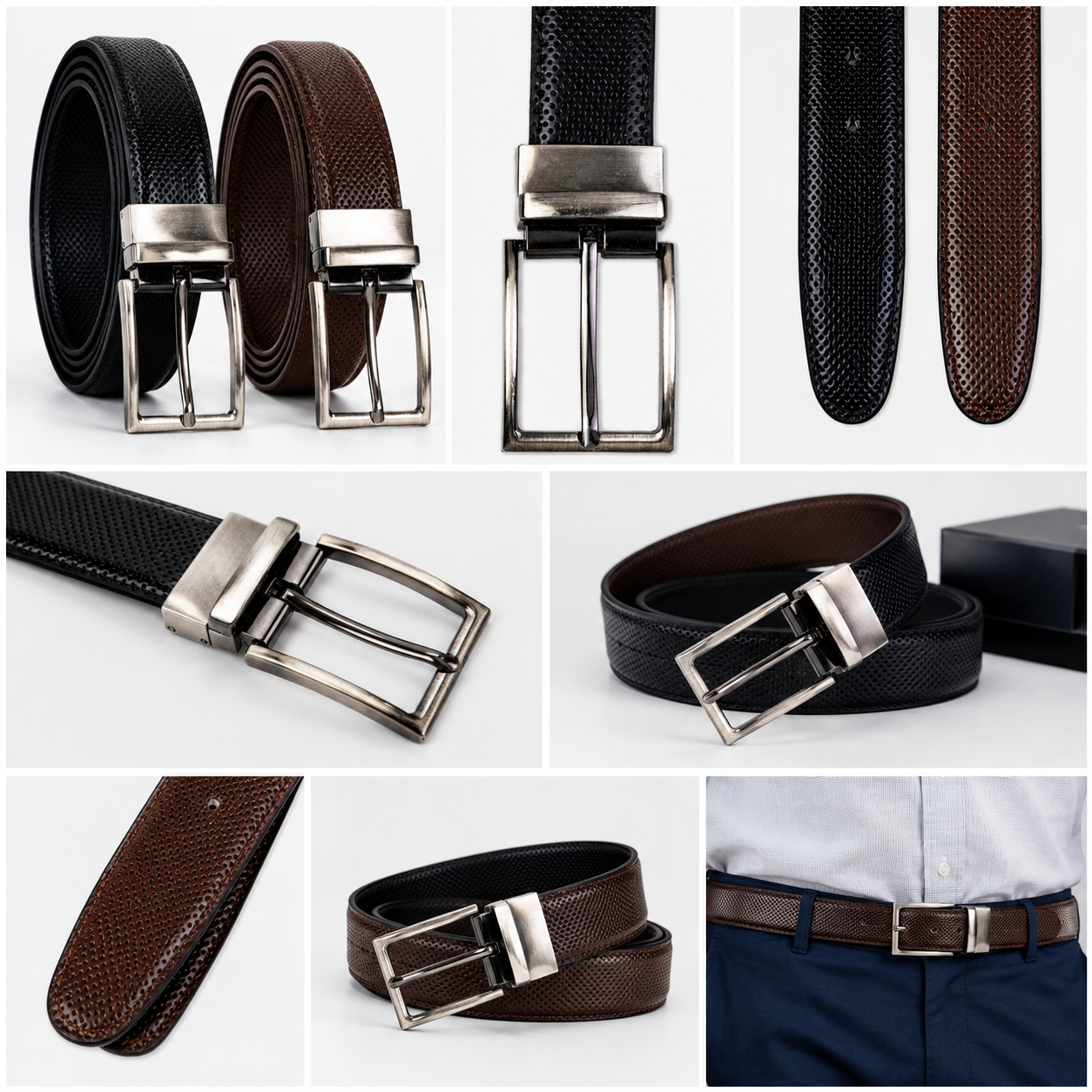 Executive Reversible Needle Textured Belt – Black & Brown | Premium Formal Dress