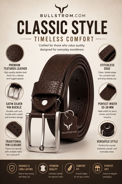 Premium Textured Brown Leather-Look Belt for Men – Classic Pin Buckle Formal & Casual Belt