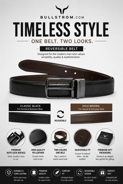 Bullstrom™ Premium Reversible Plain Belt – Black & Brown | Rotating Pin Buckle | Formal & Casual