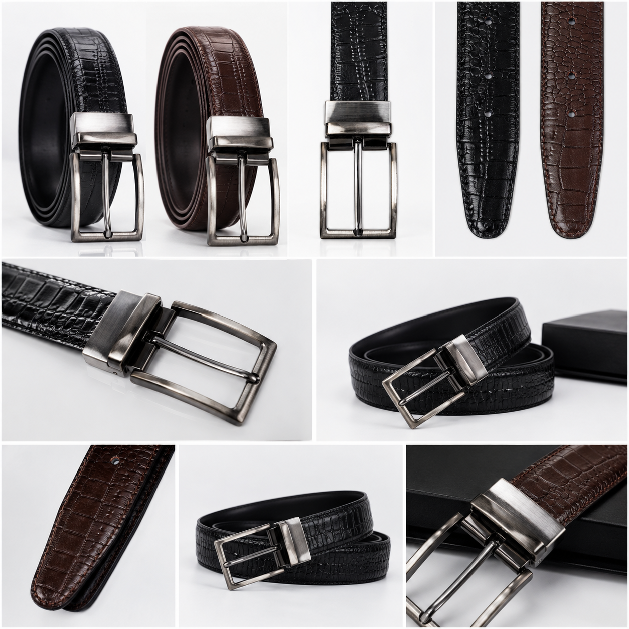 Premium Crocodile-Embossed Reversible Leather Belt for Men | Black & Brown | Luxury Metal Buckle