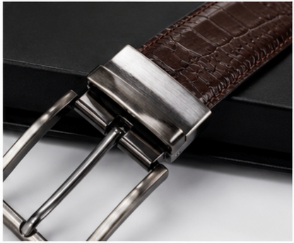 Premium Crocodile-Embossed Reversible Leather Belt for Men | Black & Brown | Luxury Metal Buckle